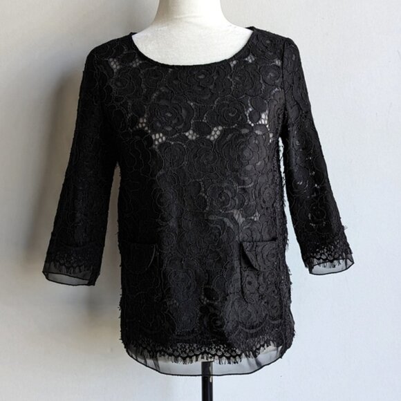 Sandra Angelozzi floral lace 3/4 sleeve semi sheer blouse - Picture 1 of 7